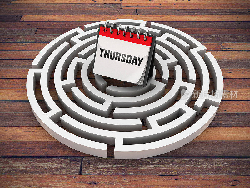 圆形迷宫与星期四日历在木地板- 3D渲染